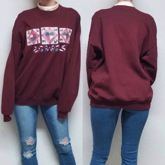 VINTAGE 80s Santee Pluma Maroon Hearts Sweatshirt - Picture 1 of 13